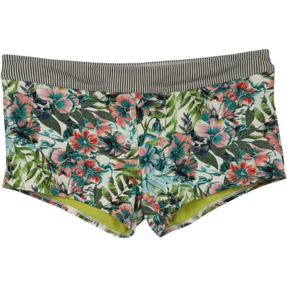 Prana Raya Boyshort Bikini Bottom Large Swim Short Green Floral Striped Tropical